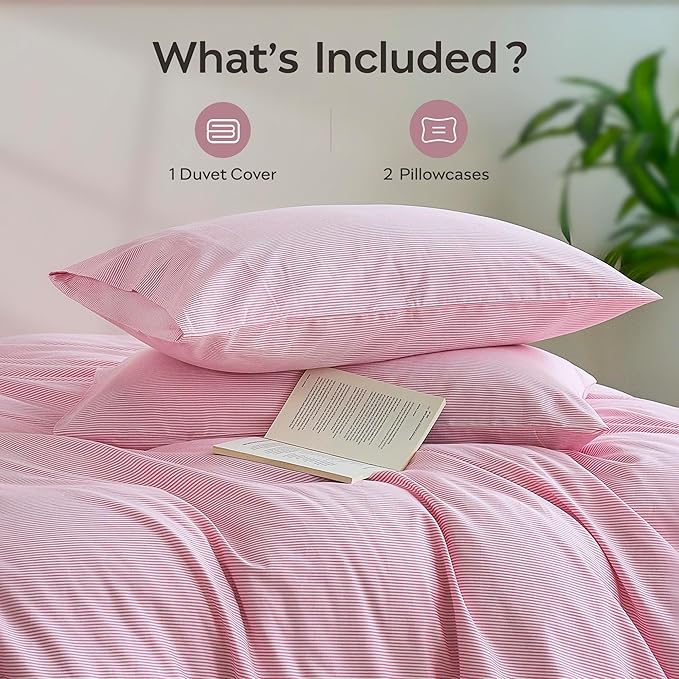 JELLYMONI 100% Natural Cotton 3pcs Striped Duvet Cover Sets,White with Pink Stripes Pattern Printed Comforter Cover,with Zipper Closure & Corner Ties(Full Size)