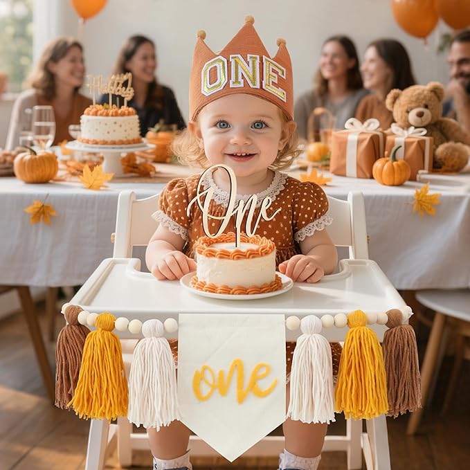 1st Birthday Highchair Banner Neutral Decorations With ONE Crown Hat Cake Topper For Photo Backdrop