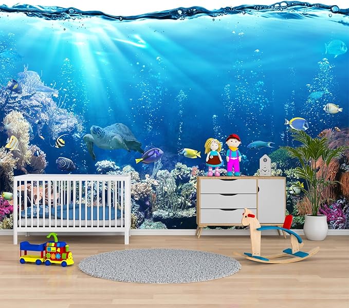 Blue Ocean Wallpaper Peel and Stick Underwater Animal World Self Adhesive Wall Mural for Kids Room Nursery 82"x57"