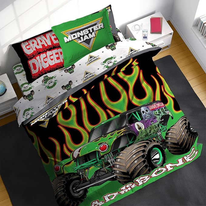 Sunny Side Up Monster Jam Full Comforter Set - 7 Piece Kids Bedding Includes Comforter, Sheets & Pillow Cover - Super Soft Trucks Microfiber Bed Set
