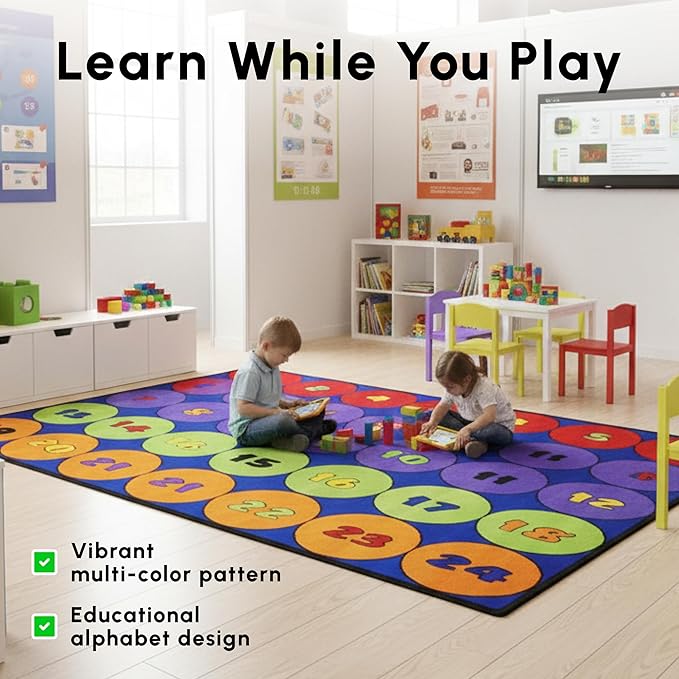 SAFECASTLE Kids Carpet Sitting Circles Rug – 7'8" x 12'8" – Large Classroom Seating Rug with 24 Numbered Circles – Colorful Educational Learning Carpet for Preschool, Kindergarten, Daycare & Playroom