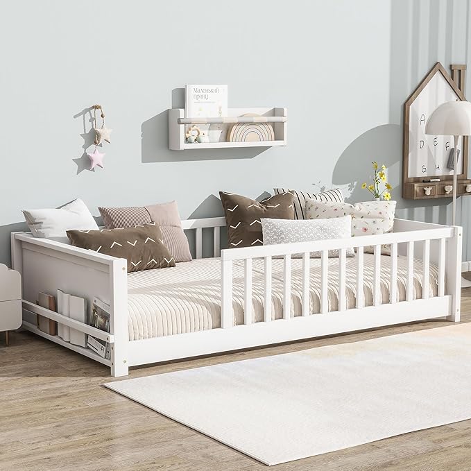 Floor Bed with Rails Twin Size, Wood Montessori Floor Bed with Storage Bookcase, Kids Bed Frame with Fence for Boys Girls, White