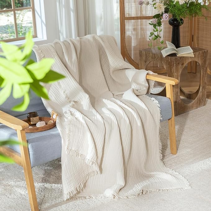 MooMee Muslin Blanket - 100% Cotton 4-Layer Gauze Throw Blanket with All-Around Fringe, Ultra-Soft Breathable Lightweight Cooling Decorative for Bed, Sofa & Couch (Beige,Twin XL 66" x 90")