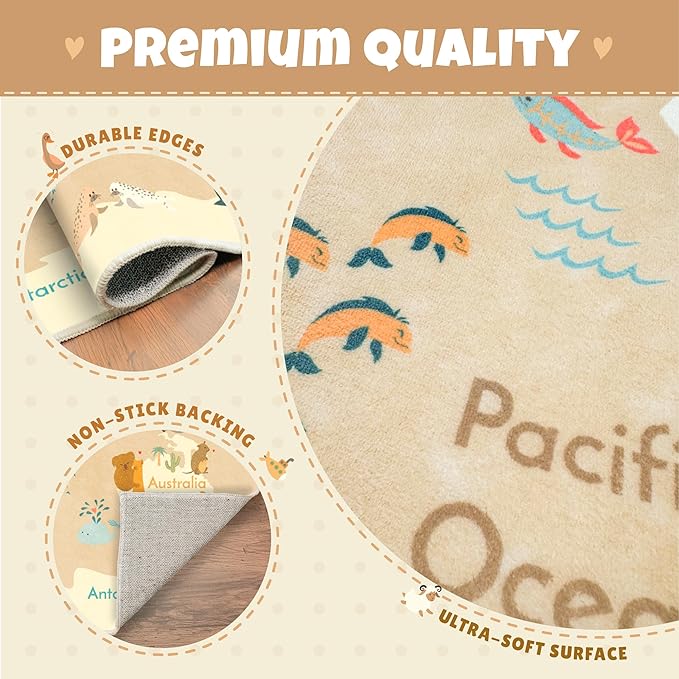 Huge Kids Rugs for Living Room - 9x12 Large Classroom Rug for Children Play & Learning, Washable Ultra Soft World Map Carpet with Ocean, Continents & Cute Animals