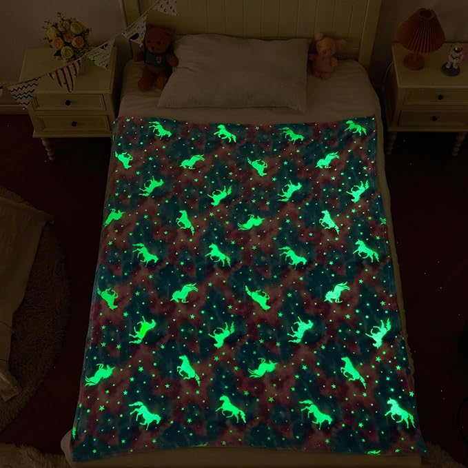 inhand Blue Unicorn Toys Glow in The Dark for Blanket,Unicorn Gifts for Girls Age 1 2 3 4 5 6 7 8 9 10 11 12 13 Birthday Halloween Christmas Cute Soft Room Decor Kids Blanket Blue Rainbow 50"X60"