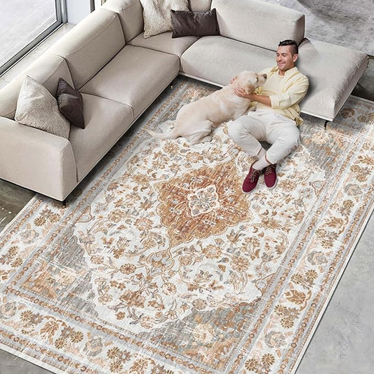 Vhong Boho Area Rugs Vintage Washable Modern Neutral Large Carpet Brown and Grey 8×10 High Traffic Rugs for Dinning Room Living Room Bedroom Farmhouse Non Slip