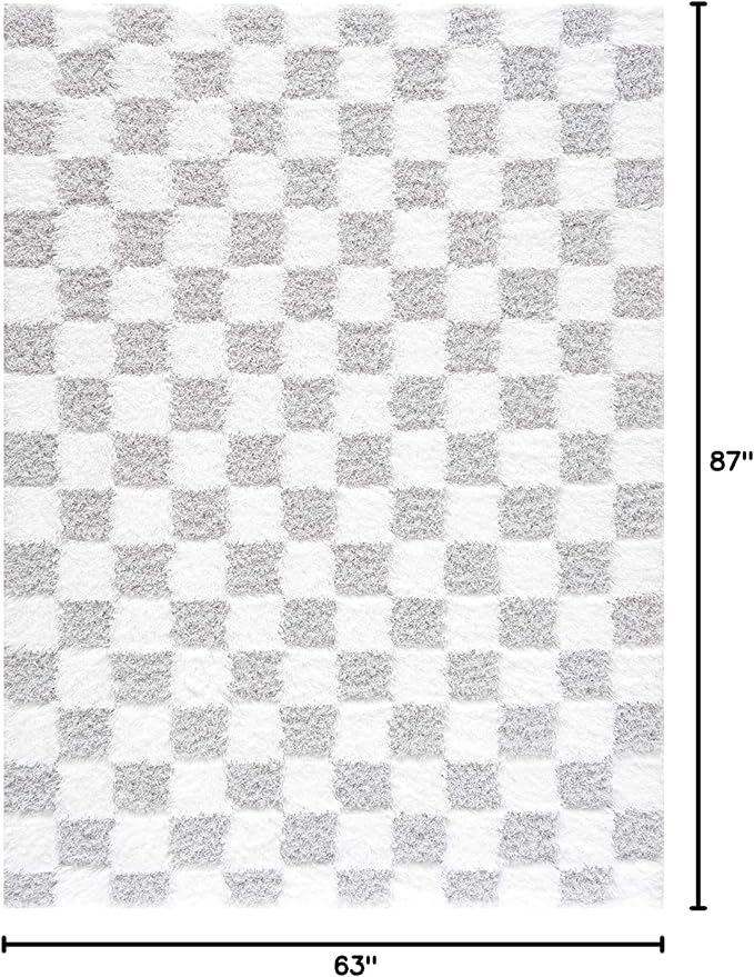 Hauteloom Atira Contemporary Checkered Fluffy Shag Area Rug - Modern Geometric Carpet Tiles for Living Room, Kids Room, Nursery - Plush Pile - Gray, Cream, White - 5'3" x 7'3"