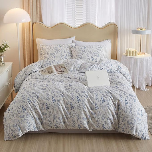 Twin Size Cute White Duvet Cover with Blue Floral Print,Coquette Bedding Set Soft Cotton Comforter Cover Boho Style,Aesthetic Twin Bedding Set with Zipper Closure 4 Ties