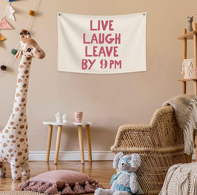 Boho Rectangular Canvas Banner-Flag Wall Sign Art Decor for Teen Friends Neighbor,Home Living Room Restaurant Dorm Playroom Front Door Inside Decor-Birthday Christmas Gift-Live Laugh Leave By 9PM