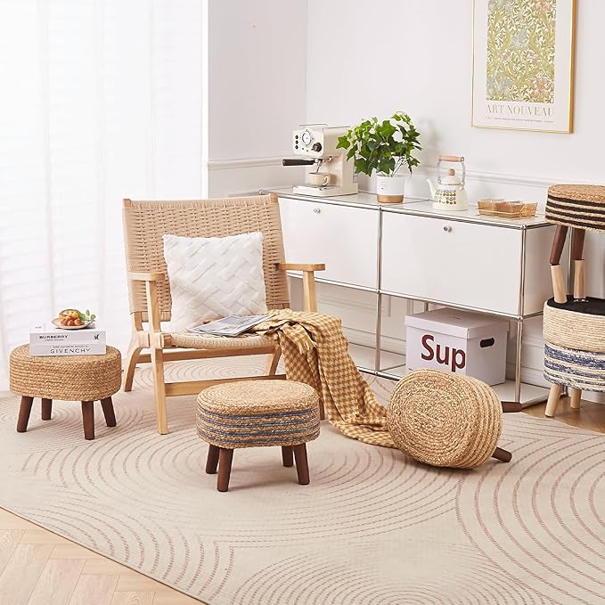 Cpintltr Round Ottoman Natural Seagrass Footstool Hand Weave Water Hyacinth Poufs Eco Friendly Sofa Foot Stool Soft Step Stool Padded Foot Rest with Pine Legs for Living Room (Blue and Primary)