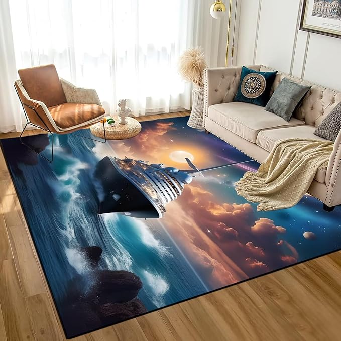 6' x 9' Nautical Ship Rug for Kids Room Galaxy Ferry Boat Rugs for Boys Bedroom Ocean Cloud Carpet Sun Planet Printed Throw Rugs for Teens Living Room,180x275cm