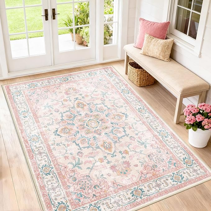 Machine Washable Rugs Nursery Rug 4x6 Cute Girl Non Slip Low Pile Water Repellent Soft Print Pattern for Bedroom Indoor Decor Kids Playroom Pinkteal