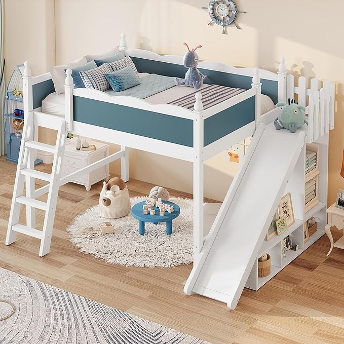 SOFTSEA Full Size Loft Bed with Slide & Storage, Wood Loft Bed with Open Shelves and Cabinet, High Lofted Bed with Convertible Slide and Ladder for Kids Teens Adults, Blue + White