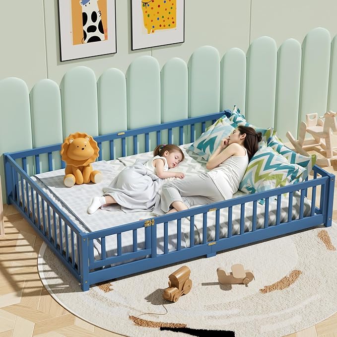 i-POOK Queen Floor Bed Frame with Wood Slats, High Fence & Small Door, Pinewood Montessori Floor Bed for Girls and Boys, Mist Blue