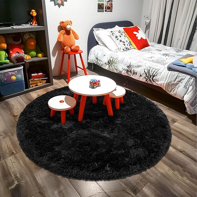 Round Fluffy Circle Rug 6FT Black - Super Soft Shaggy Plush Fuzzy Furry Carpet for Boys Girls Kids Room