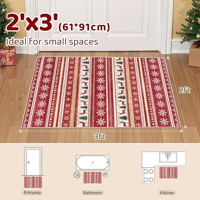 Area Rugs for Living Room Washable Living Room Rug Soft Neutral Indoor Floor Carpet Non-Slip Stain Resistant Modern Boho Rugs for Bedroom Dining Room Kids Room Nursery Office Home Red Green