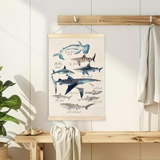 Ecezatik Species of Sharks Wall Art with Wooden Poster Hanger, Shark Posters, Beach Room Decor, Ocean Room Decor, Shark Wall Art Decor for for Classroom Nursery Kids Room Playroom, 16x24 Inch