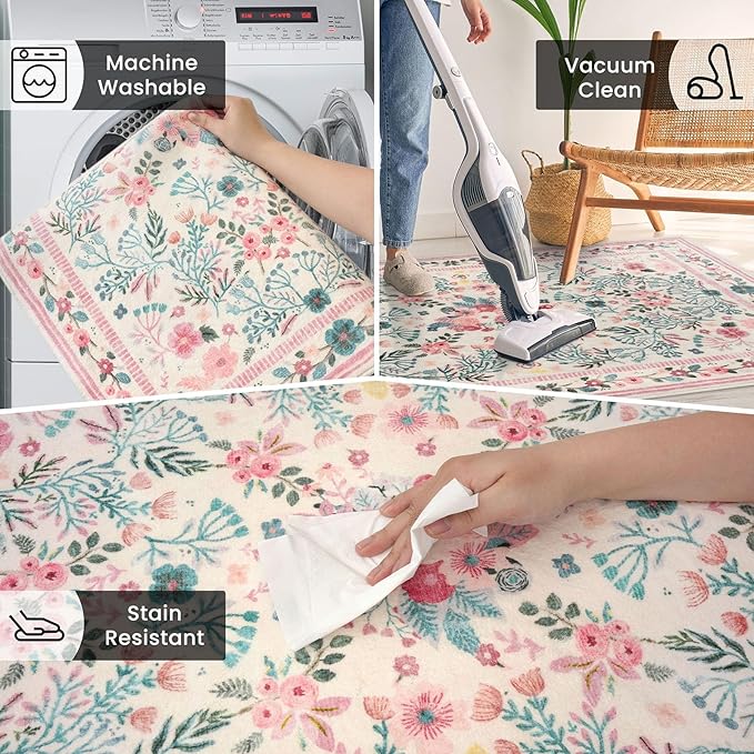 Rugs for Living Room 5x7, Pink Boho Thin Washable Non-Slip Area Rugs for Bedroom Girls, Soft Floral Low-Pile Nursery Carpet for Dining Room Kids Room Playroom Indoor, Pink/Multi