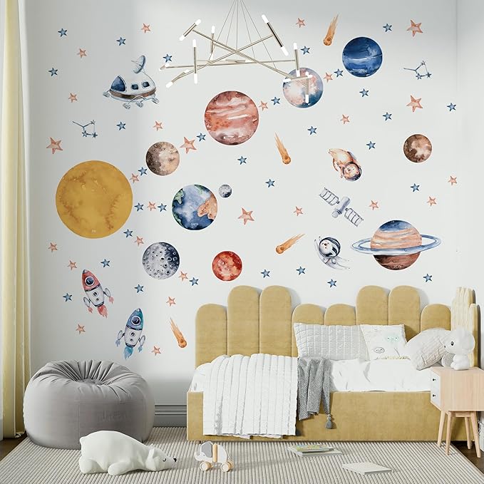Solar System Wall Decals for Kids - Planets and Space Themed Wall Stickers by Lipastick - Peel and Stick Vinyl Decals for Boys and Girls Bedroom, Nursery, Playroom, Daycare - XXL Size