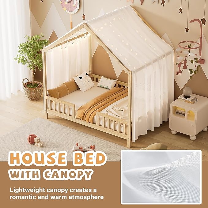 Montessori Floor Bed with Canopy, High Railings and Roof, Full Size Wood House Bed Frame for Kids Bedroom (Natural/C)