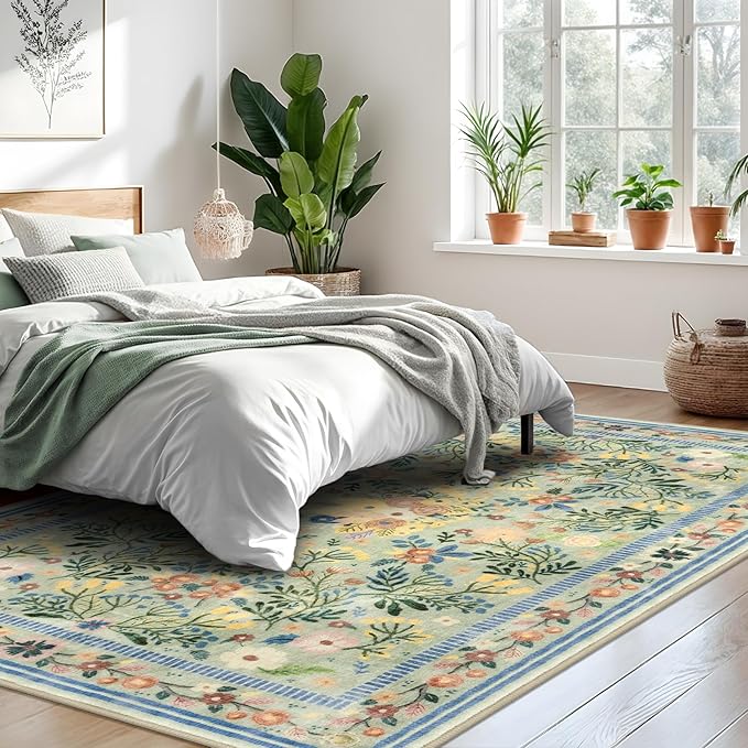 Area Rugs for Living Room 5x7, Washable Boho Green Thin Floral Living Room Rug Non-Slip, Vintage Bedroom Indoor Carpet for Dining Room Kitchen Office Playroom, Green/Multi