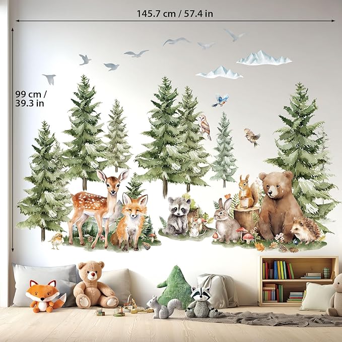 DECOWALL SG4-2422 Large Pine Trees and Forest Animals Wall Decal Stickers Mountain Bear Fox Peel and Stick Wall Art Decals for Kids Room Baby Nursery Woodland Wallpaper Living Bedroom