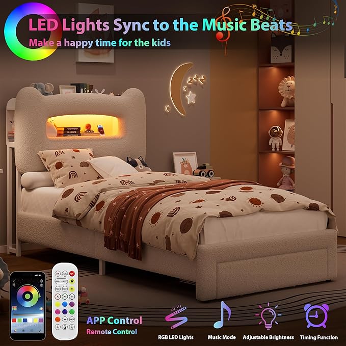 GarveeHome LED Twin Bed Frame with 2-Tier Storage Headboard, Upholstered Platform Bed with Charging Station and Drawer for Kids/Girls/Boys, Heavy Duty Metal Support, No Box Spring Needed, Beige