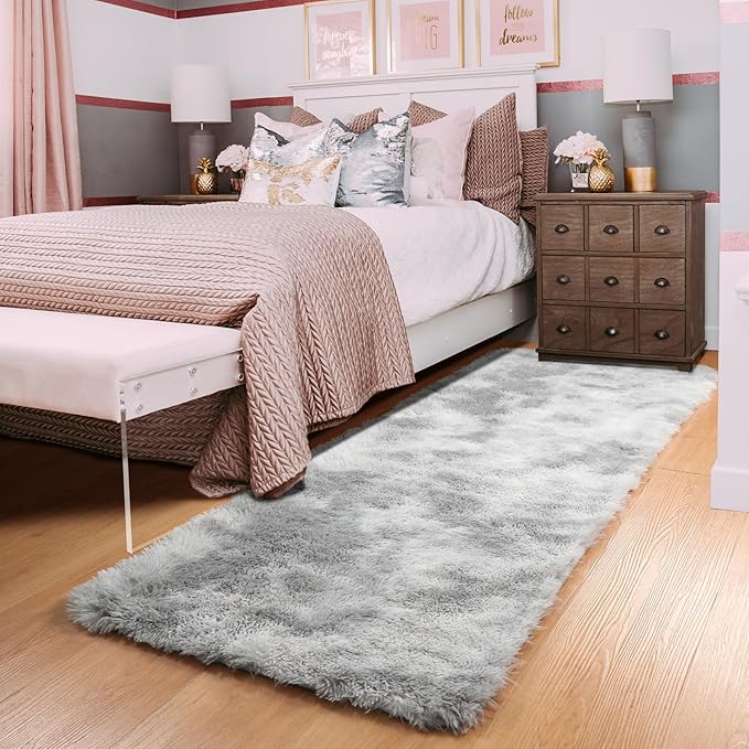 ONASAR 2x6 Runner Rugs for Bedroom Living Room, Washable Fluffy Tie-Dyed Light Grey Bedside Hallway Throw Area Rug, Ultra Soft Plush Furry Floor Carpet Mat for Nursery Kids Dorm Closet Home Decor