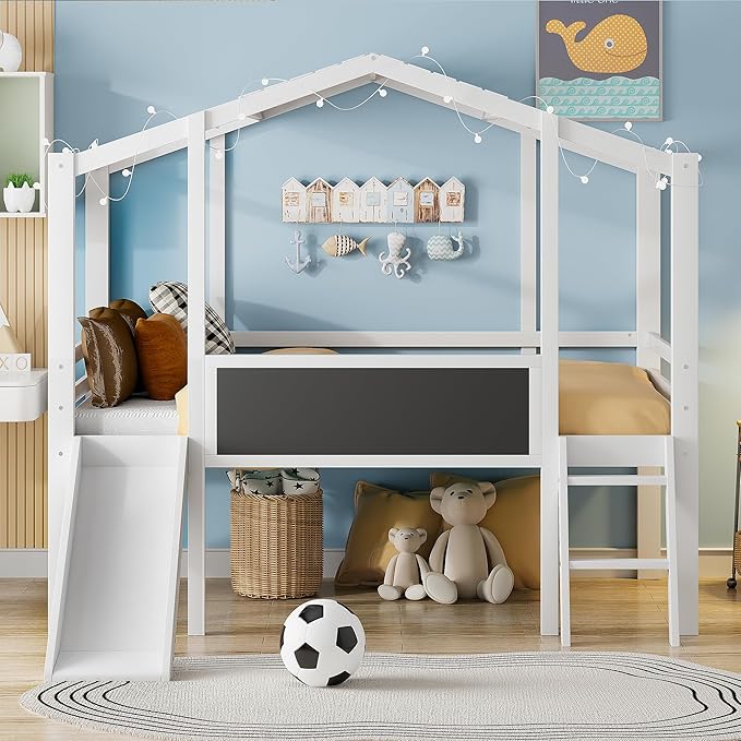 Play Fun Design Twin Size Loft Bed with Ladder and Slide for Kids Boys Girls, Solid Wood House Loft Bed Frame with Blackboard and Light Strip on The Roof, Sturdy Slat Support (White-6)