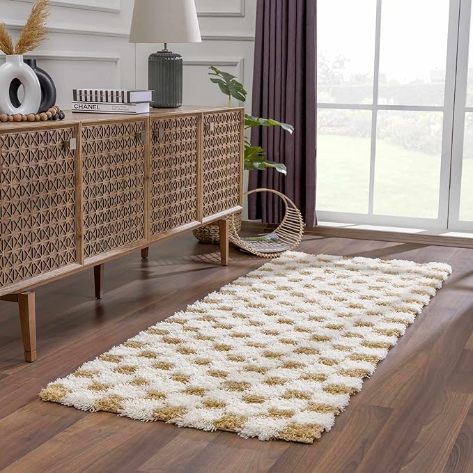 Hauteloom Atira Contemporary Checkered Fluffy Shag Area Rug - Modern Geometric Carpet Tiles for Living Room, Kids Room, Nursery - Plush Pile - Yellow, Cream, White - 5'3" x 7'3"