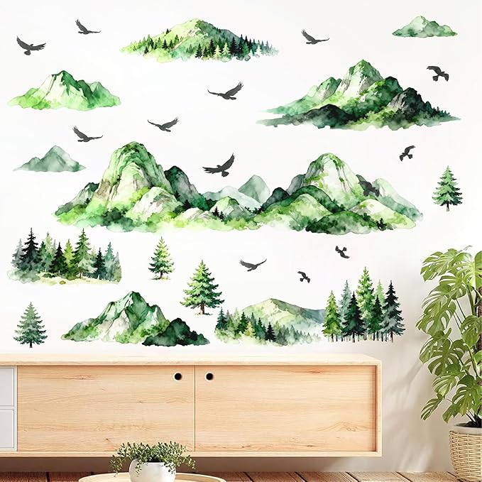 Mountain Tree Wall Stickers Watercolor Mountain Wall Decals Peel and Stick Flying Birds Woodland Green Pine Trees Wall Stickers Forest Mountains Decals for Bedroom Living Room Nursery Decor