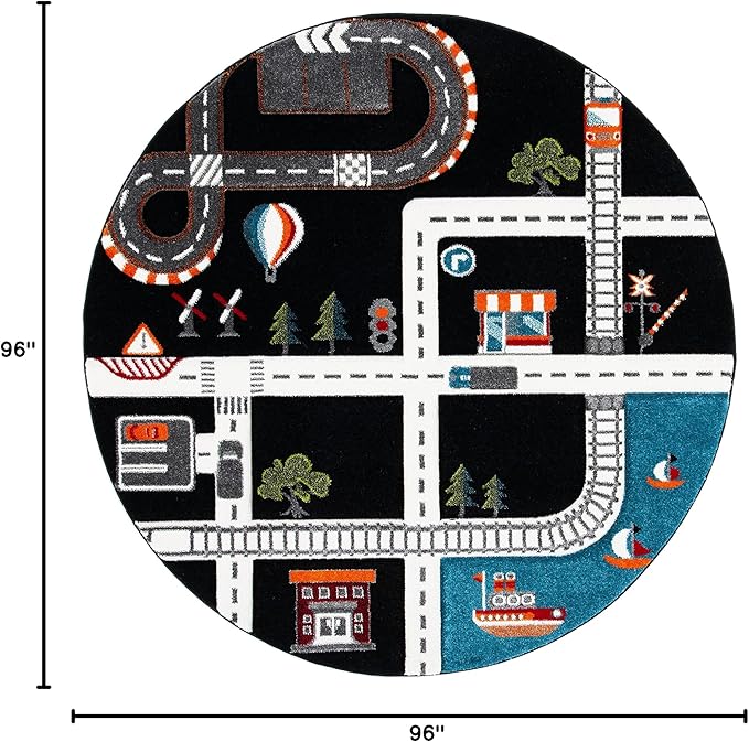 SAFAVIEH Carousel Kids Collection Area Rug - 8' Round, Black/Ivory, Geometric Design, Ideal for High Traffic Areas in Living Room, Bedroom, Dining (CRK192Z)