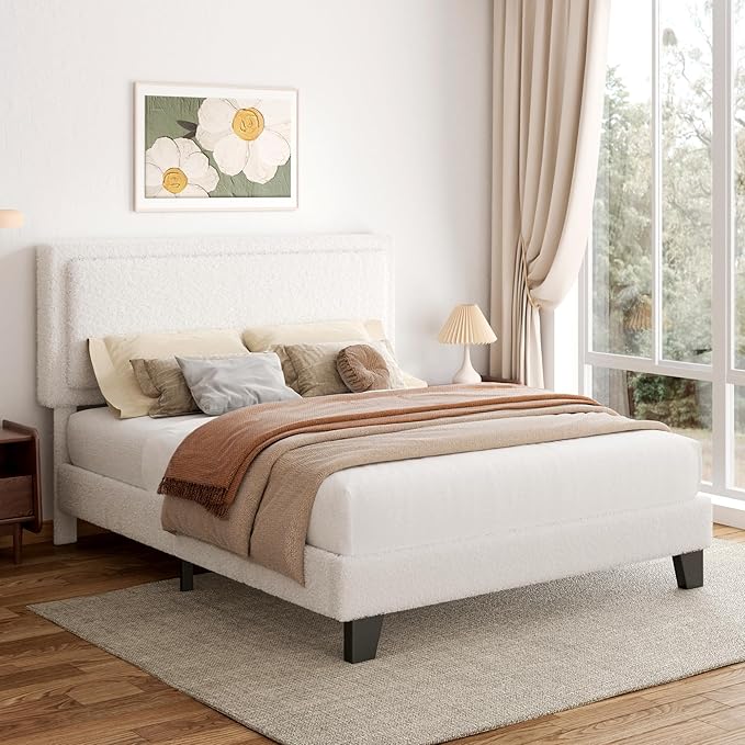 Full Size Boucle Bed Frame, Upholstered Platform Cloud Bed Frame with Headboard, Soft Teddy Fabric, Modern Style, No Box Spring Required, Easy Assembly, Beige
