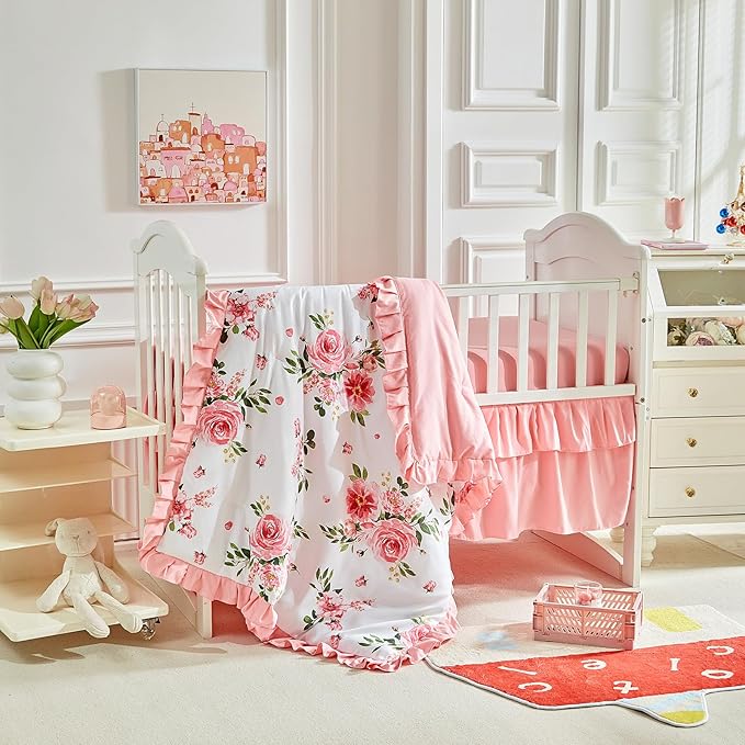 3 Pieces Flowers Mini Crib Bedding Set Baby Ruffled Quilted Comforter with Fitted Sheet and Bed Skirt - Cute Ruffled Shabby Chic Baby Bedding Soft Blanket Floral Design Only for Min Crib