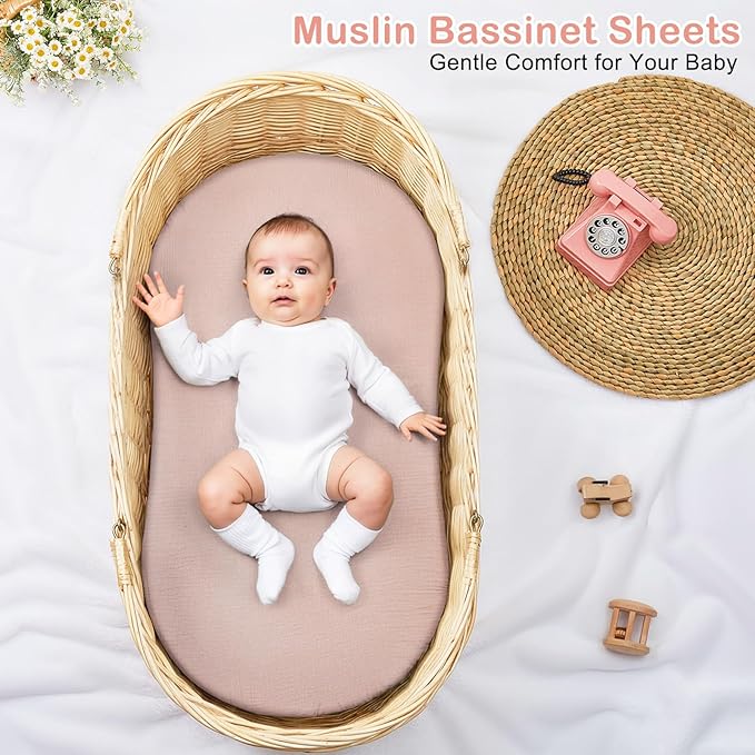 Basumee Muslin Bassinet Sheets for Baby Girl Boy 2 Pack Soft Breathable Baby Bedside Bassinet Fitted Sheets with Bottom Elastic Band 33''x17''x4'' Mattress Cover for Rectangle Oval Hourglass Bassinets