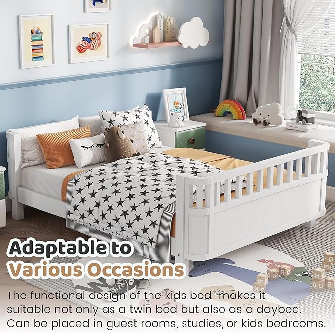 Full Size Kids Bed with Rails, Wood Montessori FloorBed Full with Slats Support, Modern Daybed Low to Ground for Girls Boys Bedroom Living Room, White