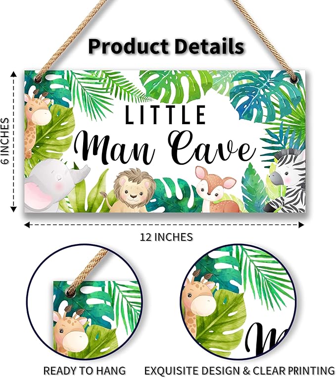 Woodland Nursery Room Decor for Baby Bedroom - Jungle Safari Animal Theme Little Man Cave Sign Wall Decor for Toddler Boy- 6"x12" -A09