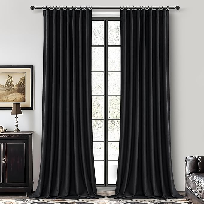 Extra Long 120 Inch Black Curtains for Living Room, Luxury Linen Blackout Ceiling Track Curtain Rod Pocket for Sliding Glass Doors Thermal Noise Cancelling Window Pleated Drapes 2 Panels Set