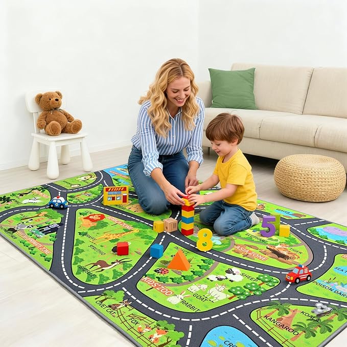 Zoo Adventure Kids Rug, Cute Animal Play Mat with Non-Slip Backing, Kids Carpet with Lions, Tigers & Giraffes for Educational and Fun Playtime, 60"x36"