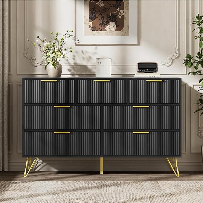 LYNSOM Fluted Dresser for Bedroom, Black 7 Drawer Dresser with Gold Handles and Wide Drawers, Wood Chest of Drawers for Bedroom, Hallway