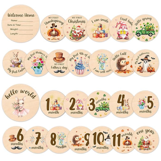 Baby Monthly Milestone Cards Rabbit - 13 Double Sided My First Holiday Milestone, Bunny Babies Shower Signs, Hello World Newborn Sign 1-12 Months for Photo Props, Welcome Baby Announcement Sign