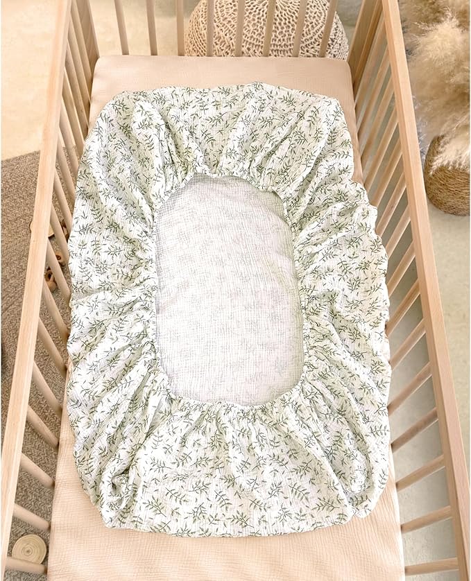 lulumoon Baby Muslin Crib Sheets: Soft & Breathable Fitted Crib Sheets for Boys - Green Leaf Sheets for Standard Crib 2Pack