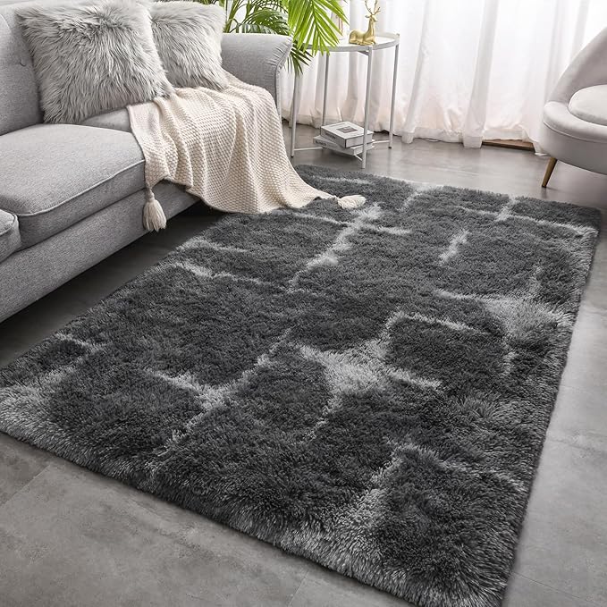 Meralax Grey Rugs for Living Room Bedroom, 4x6 Feet Soft Fluffy Shaggy Gray Bedside Rug, Machine Washable Indoor Floor Carpet for Kids Girls Boys, Dorms, Nursery Rooms, Home Decor Aesthetic