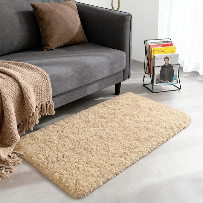 Merelax Fluffy Rug Shaggy Area Rug, Beige 2x4 Area Rugs for Bedroom, Small Kids Bedside Rug, Soft Non-Slip Entryway Throw Rugs for Living Room Bedroom Nursery Room Home Holiday Decor Aesthetic