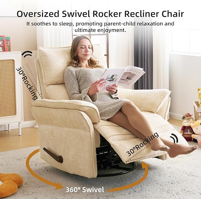 Oversized Recliner Chair, 26" Extra Wide 360° Swivel Rocker Recliner with Adjustable Headrest, Chenille Glider Rocking Nursery Chair with Overstuffed Armrest, Lumbar Support, Beige