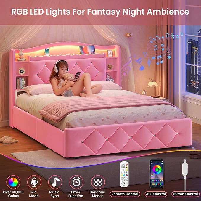 DICTAC Full Size Bed Frame for Girls with 4 Storage Drawers, Bookcase Headboard, LED Lights and Power Outlets, Diamond Tufted Velvet Upholstered Princess Platform Bed, Heavy-Duty Metal Support, Pink