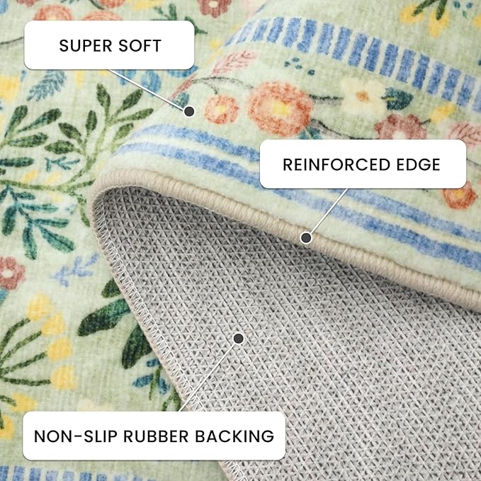 Area Rugs for Living Room 5x7, Washable Boho Green Thin Floral Living Room Rug Non-Slip, Vintage Bedroom Indoor Carpet for Dining Room Kitchen Office Playroom, Green/Multi