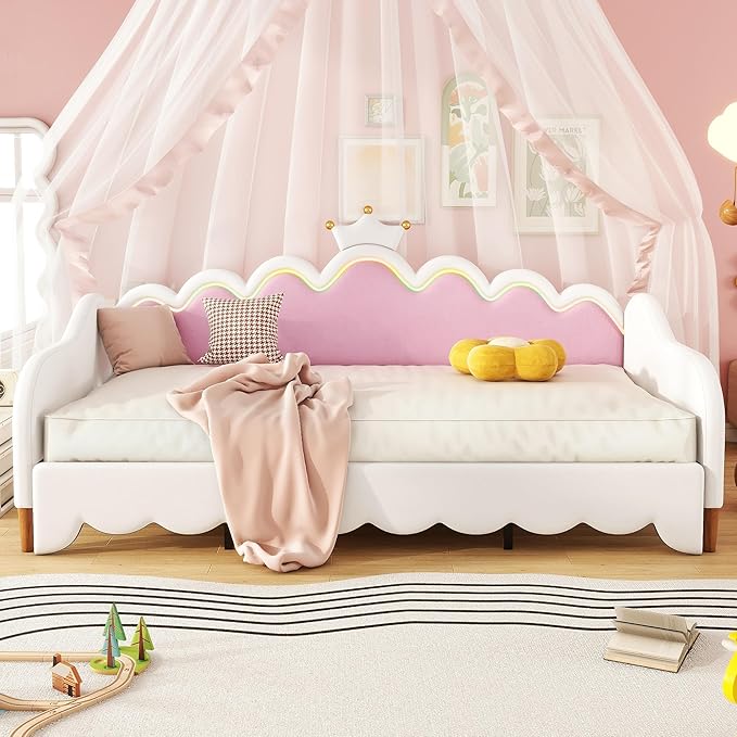 Twin Size Princess Extending Daybed with LED Lights for Kids Girls, Modern Upholstered Princess Daybed Frame with Crown Headboard, Pink Sleeper Sofa Bed for Bedroom, Guest, Study Room (White)