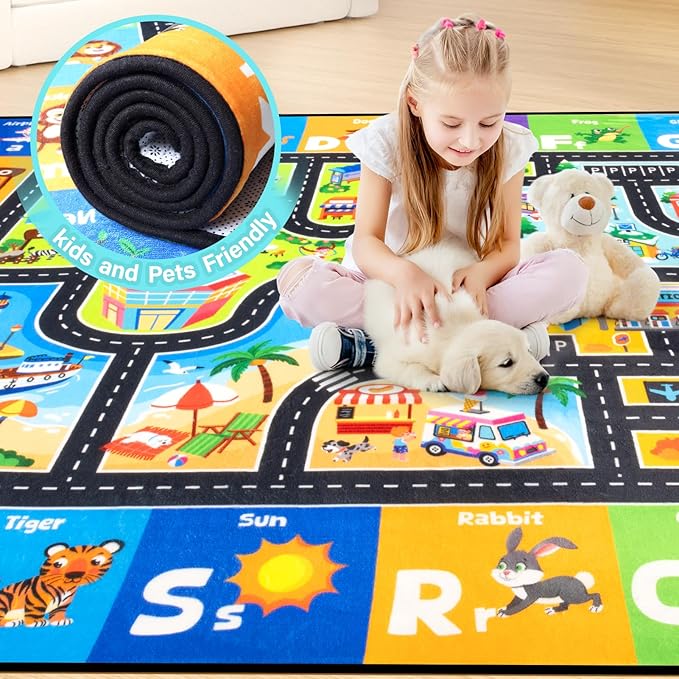 ABC Kids Rugs for Playroom 4x6FT Non-Slip Play Carpet Baby Play Mat for Floor Washable Alphabet Nursery Preschool Daycare Classroom Carpet