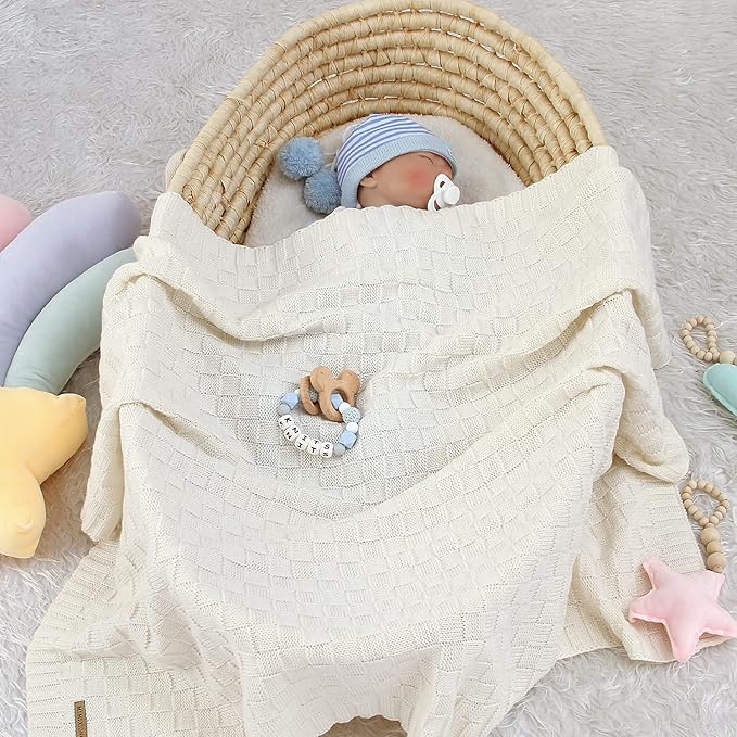 LAWKUL Knit Baby Blankets White Cable Newborn Babies Receiving Blanket Infant Boy Girl Soft Swaddle for Crib Stroller 40"x30"